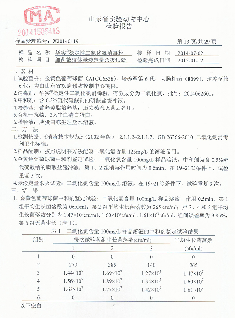 秀霸牌二氧化氯消毒粉食品加工40%杀菌报告