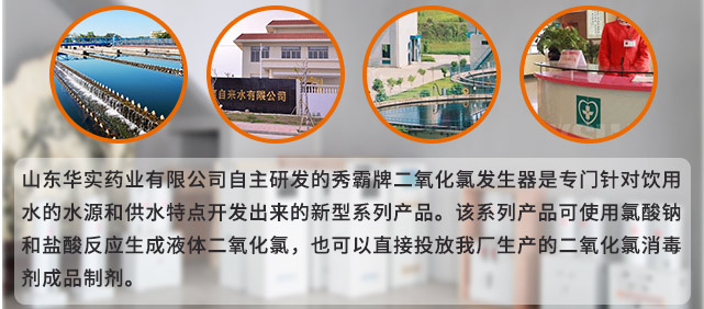 山东华实药业有限公司自主研发的秀霸牌二氧化氯发生器是专门针对饮用水的水源和供水特点开发出来的新型系列产品。该系列产品可使用氯酸钠和盐酸反应生成液体二氧化氯，也可以直接投放我厂生产的二氧化氯消毒剂成品制剂。为自来水厂、医院水消毒用户根据每日处理水量定制设备。与大专院校、大型公司技术人员合作，为您提供行业专业解决方案。